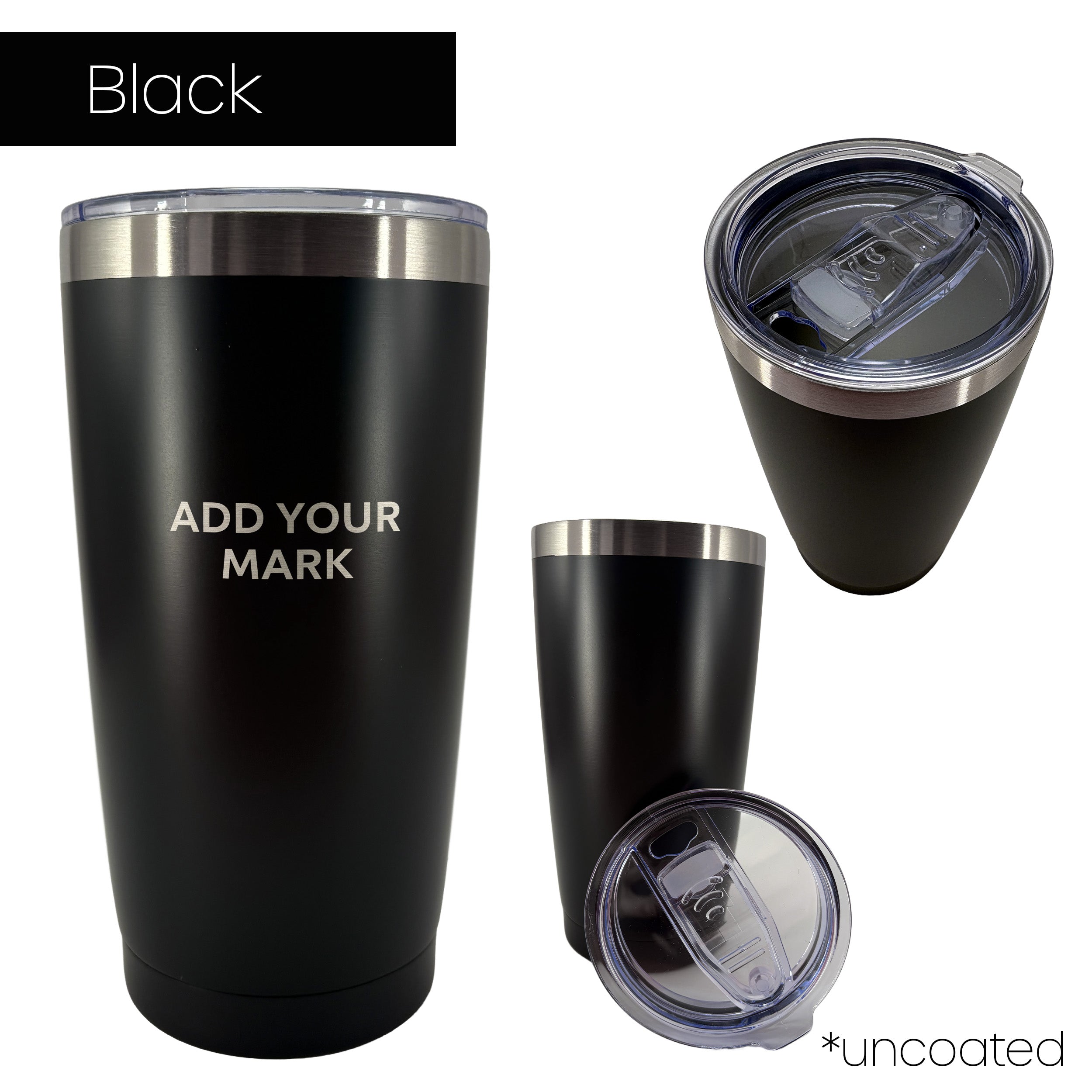 Black insulated tumbler from 3 different angles on a white background
