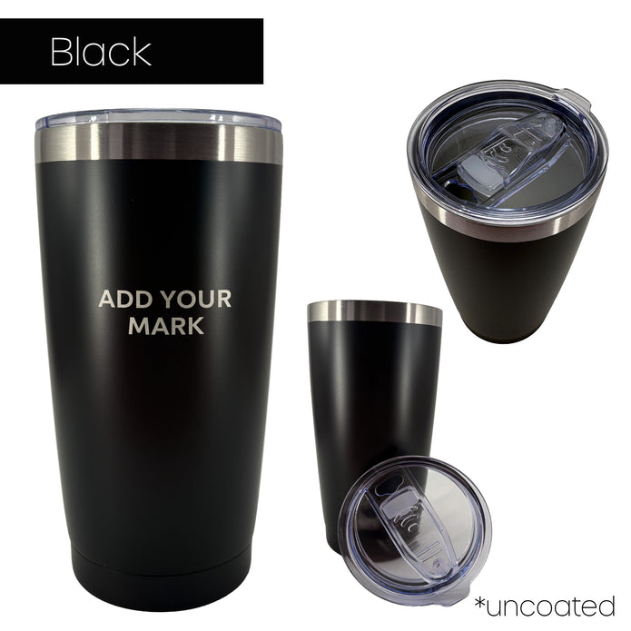 Black insulated tumbler from 3 different angles on a white background