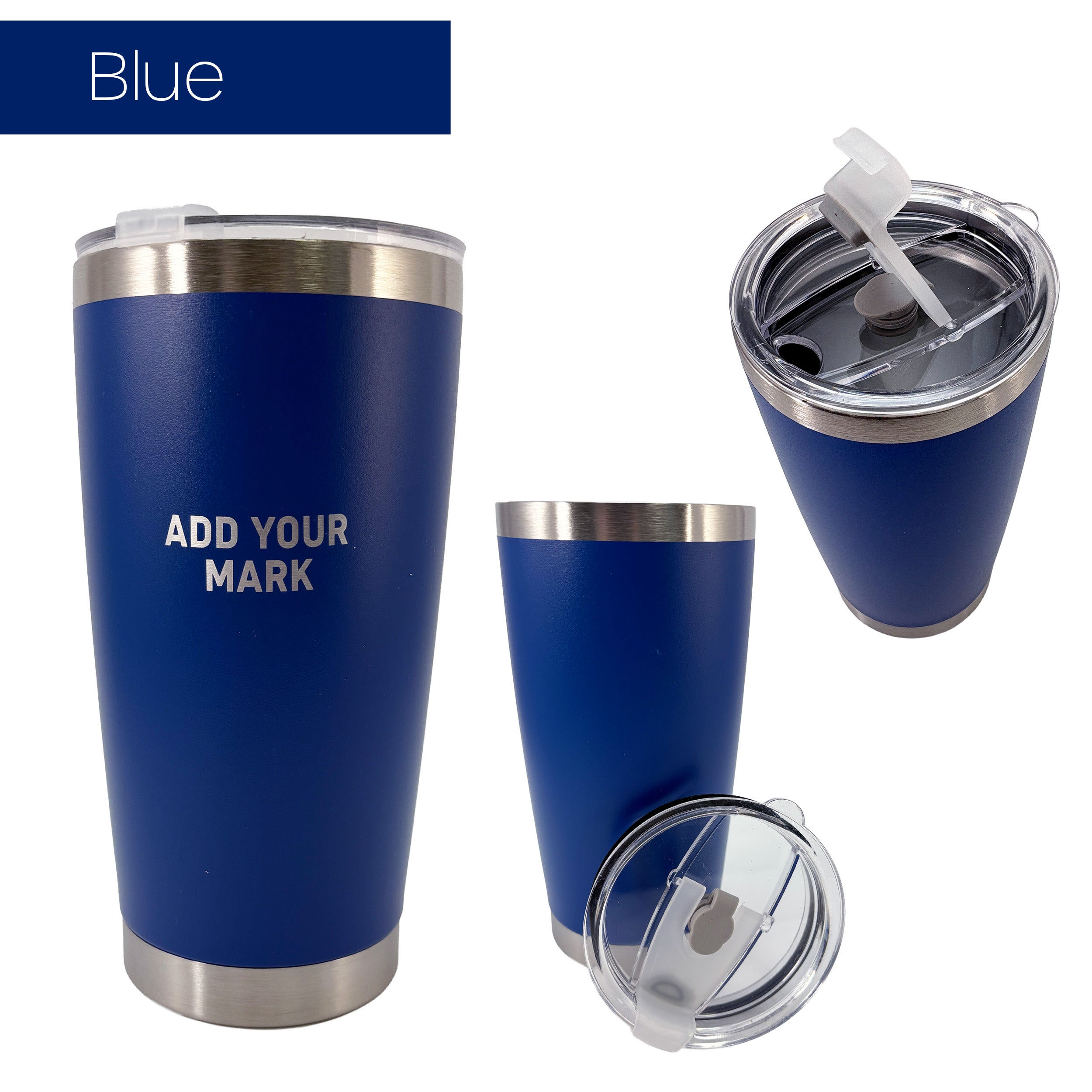 Blue insulated tumbler from 3 different angles on a white background