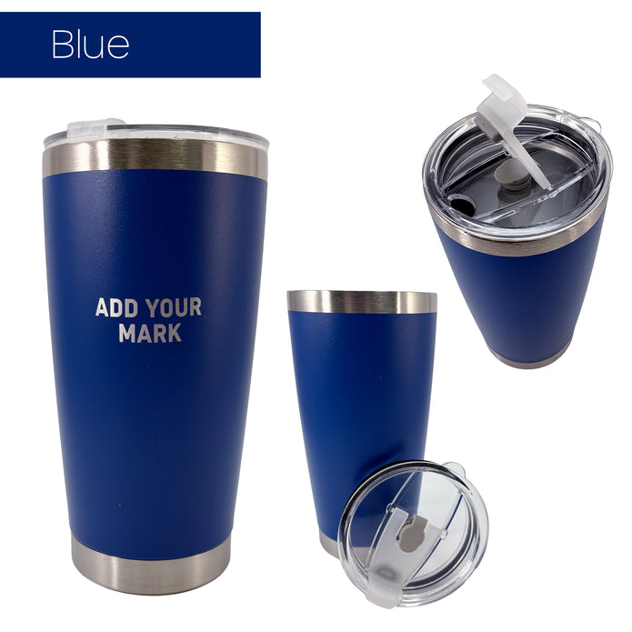 Blue insulated tumbler from 3 different angles on a white background