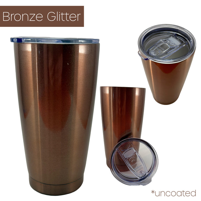 Bronze glitter tumblers from 3 different angles on a white background