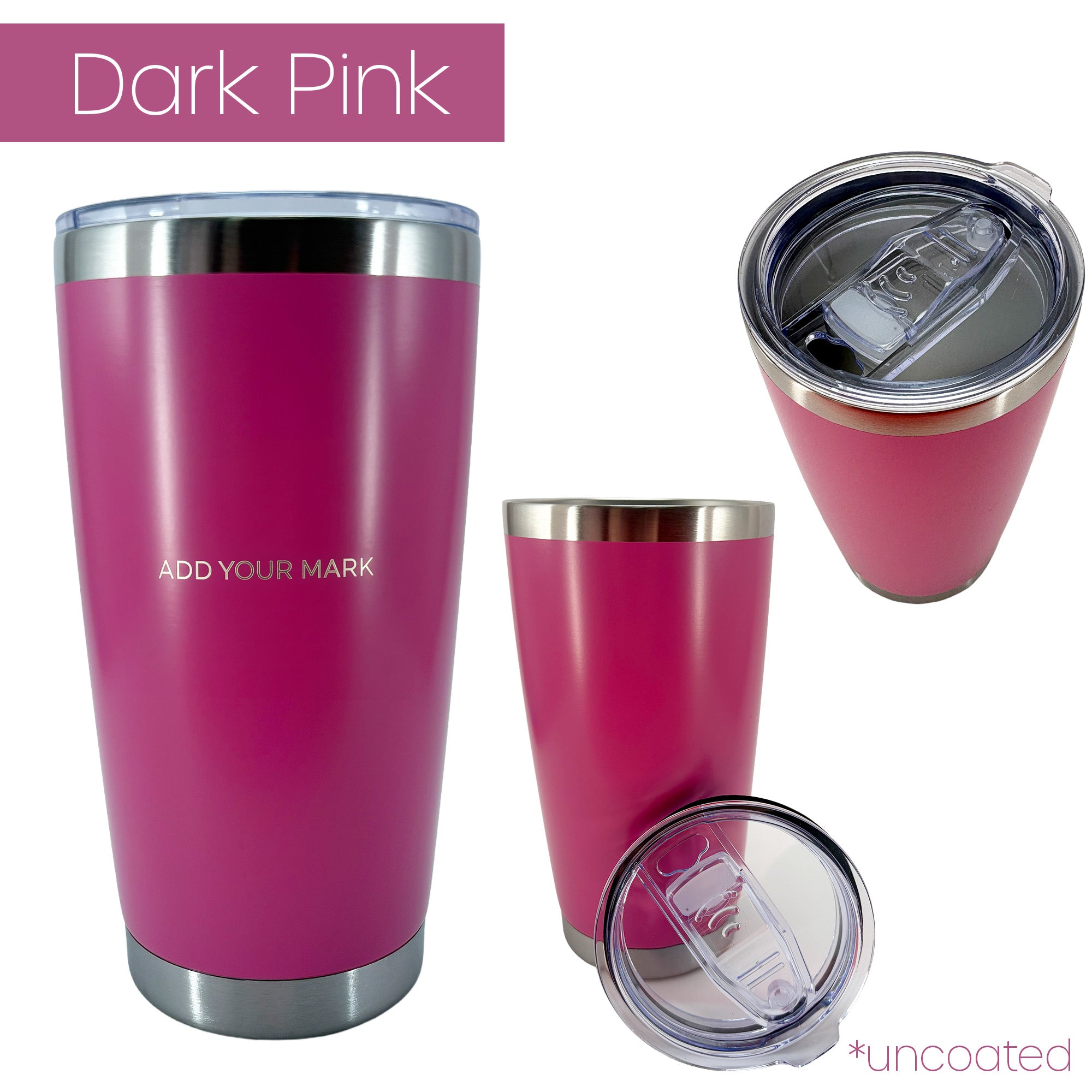 Dark pink insulated tumbler from 3 different angles on a white background