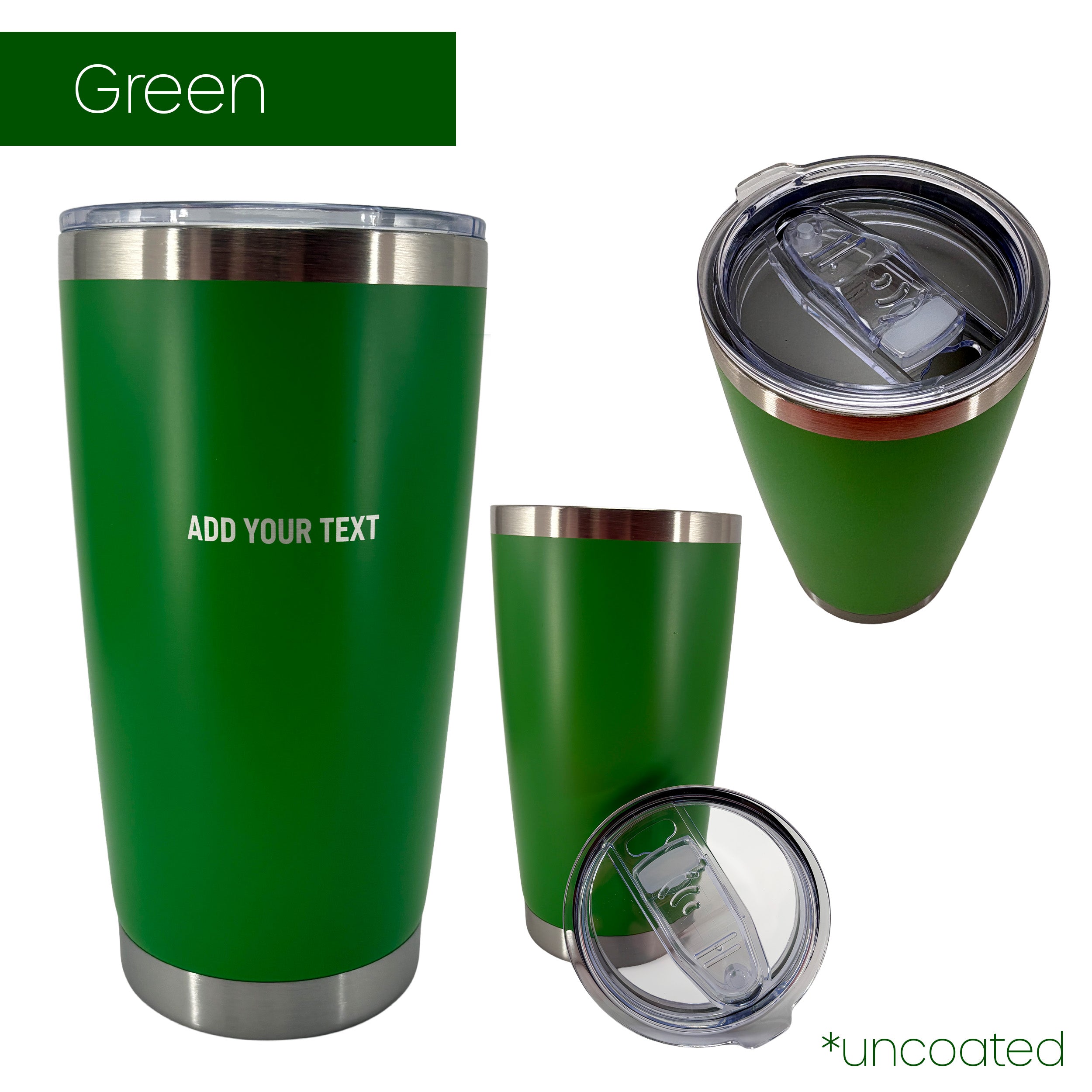 Green insulated tumbler from 3 different camera angles on a white background