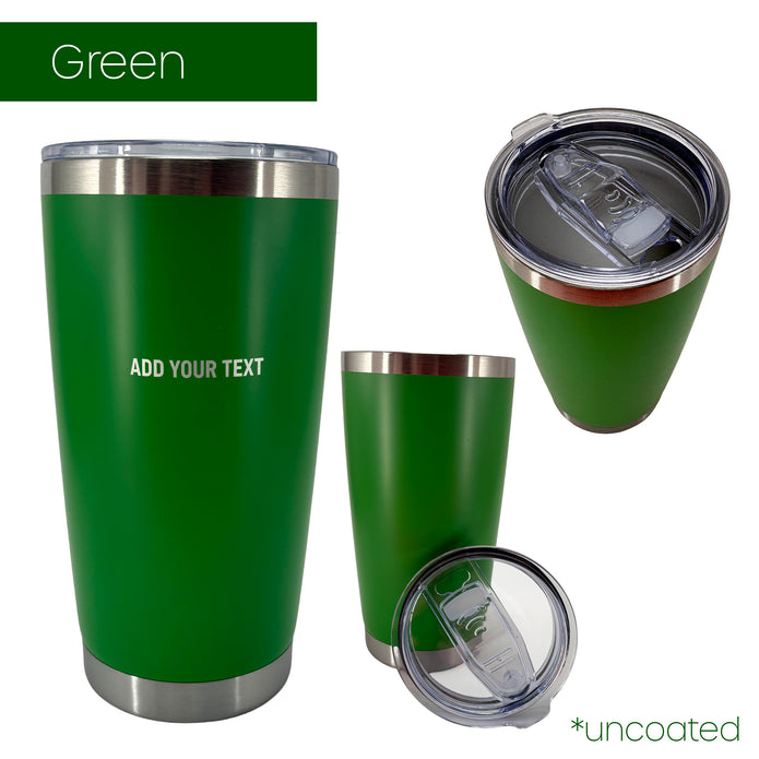 Green insulated tumbler from 3 different camera angles on a white background