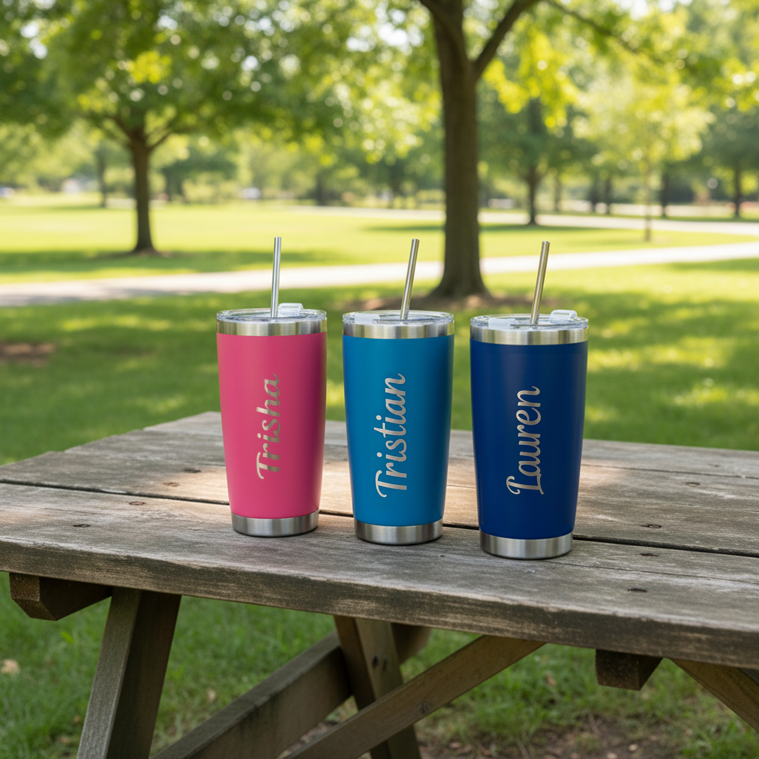 Three insulated tumblers with names engraved on them, placed on a wooden picnic table outdoors.