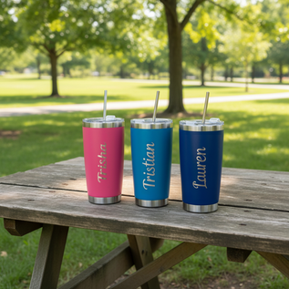 Three insulated tumblers with names engraved on them, placed on a wooden picnic table outdoors.