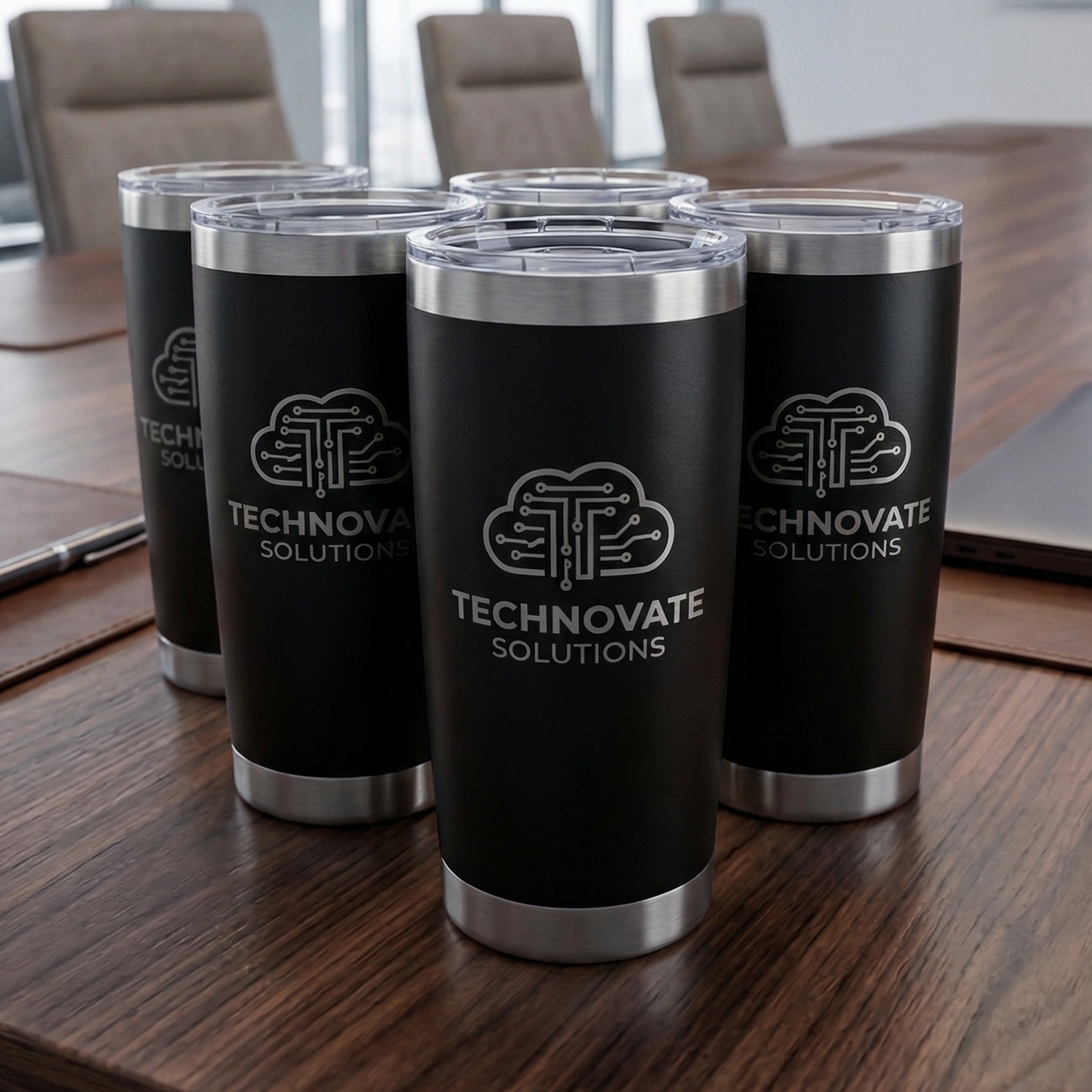 Set of black tumblers with Technovate Solutions logo on a wooden table.
