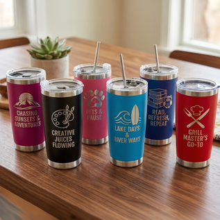 Set of six insulated tumblers with various engraved designs and text on a wooden table.