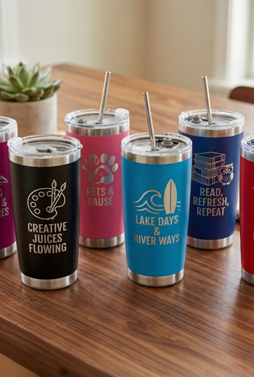 Set of six insulated tumblers with various engraved designs and text on a wooden table.