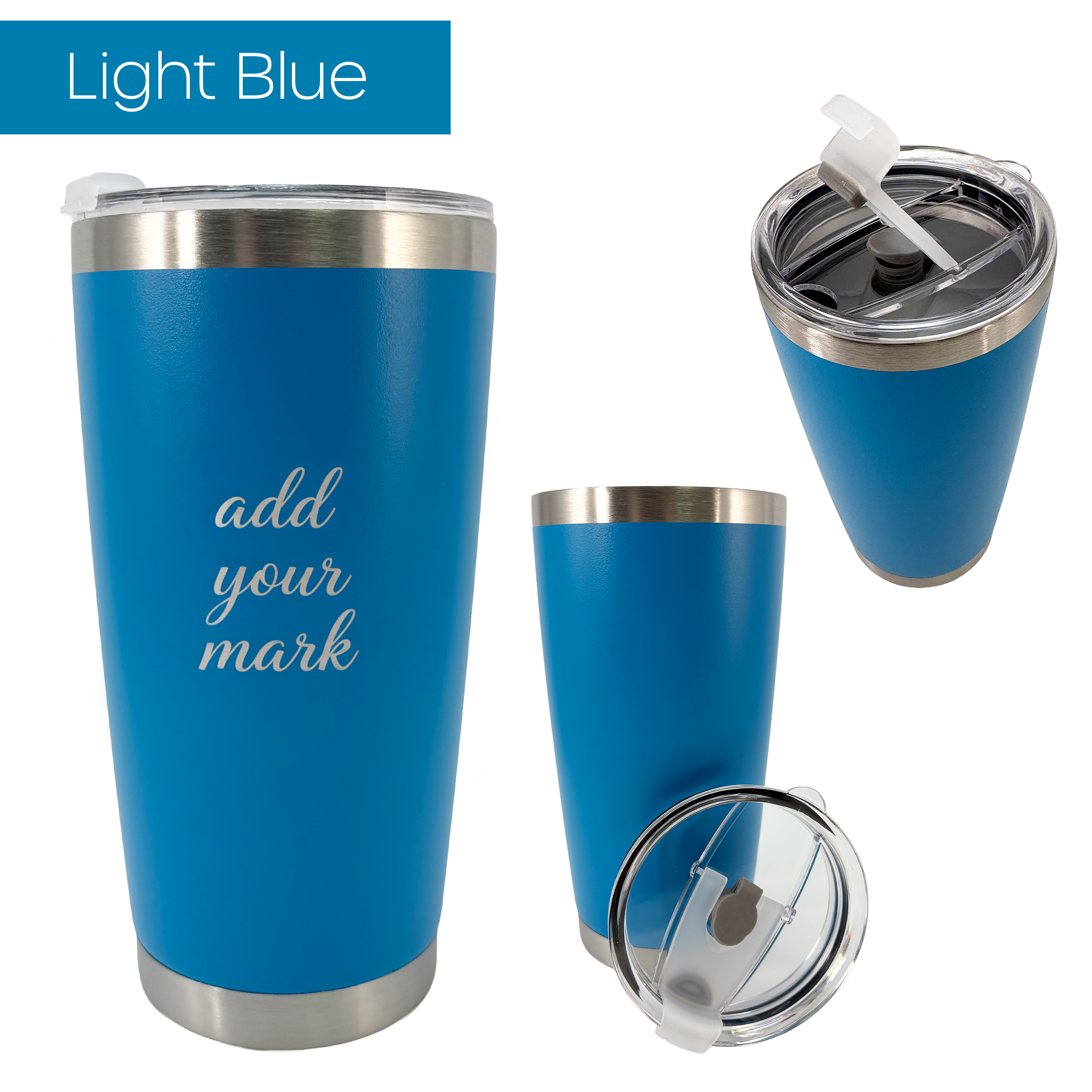 Light blue insulated tumbler from 3 different angles on a white background