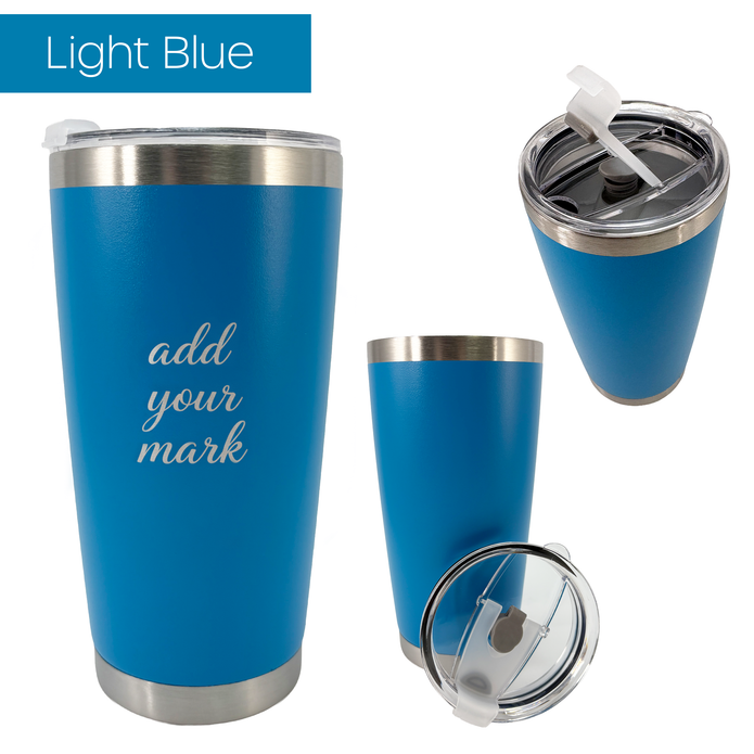 Light blue insulated tumbler from 3 different angles on a white background