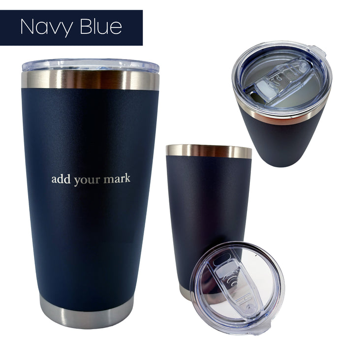 Navy blue insulated tumbler from 3 different angles on a white background