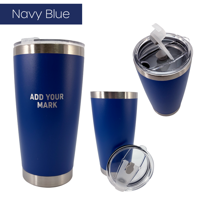 Navy blue insulated tumbler with silver lid on a white background