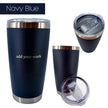 Navy blue insulated tumbler from 3 different angles on a white background