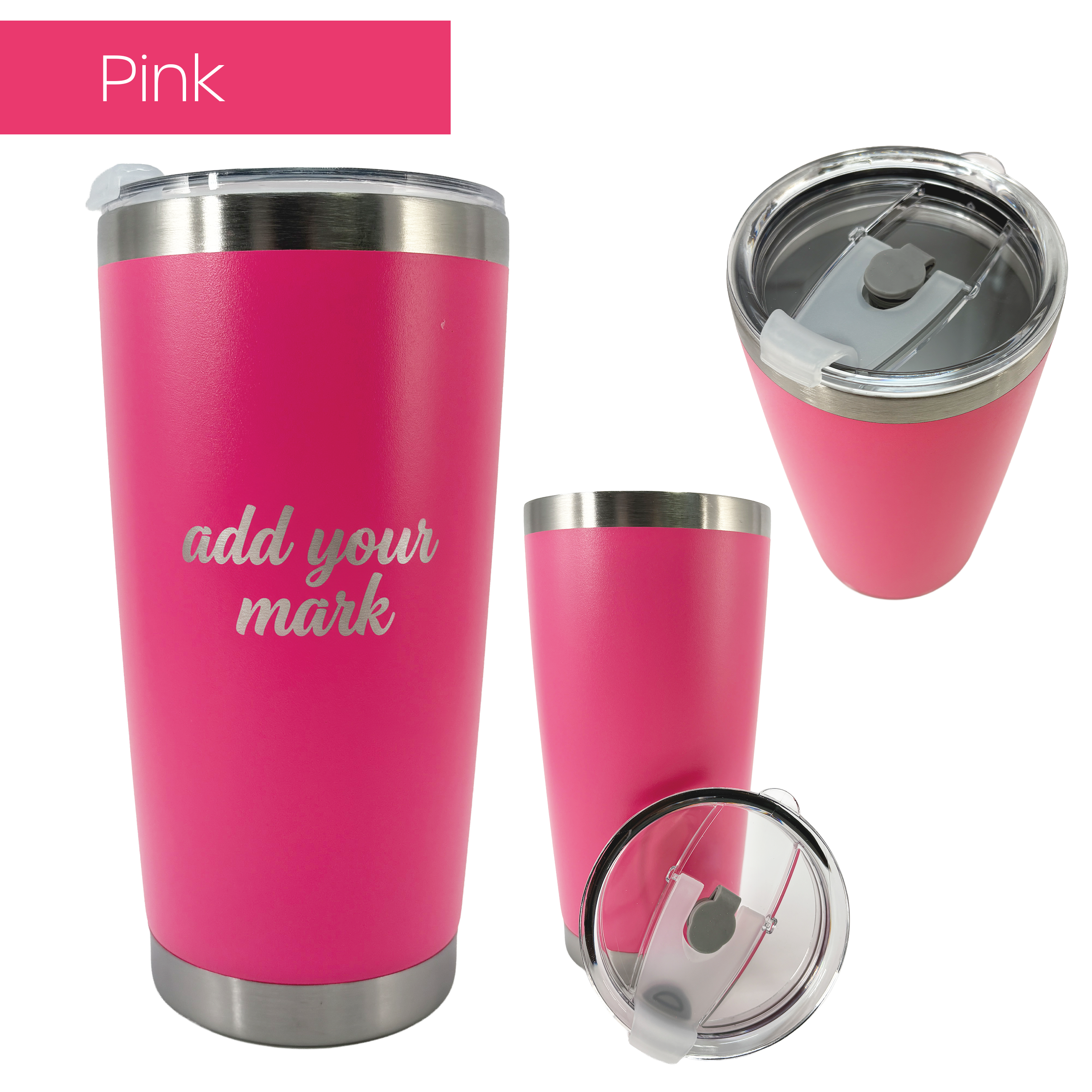 Pink insulated tumbler from 3 angles on a white background