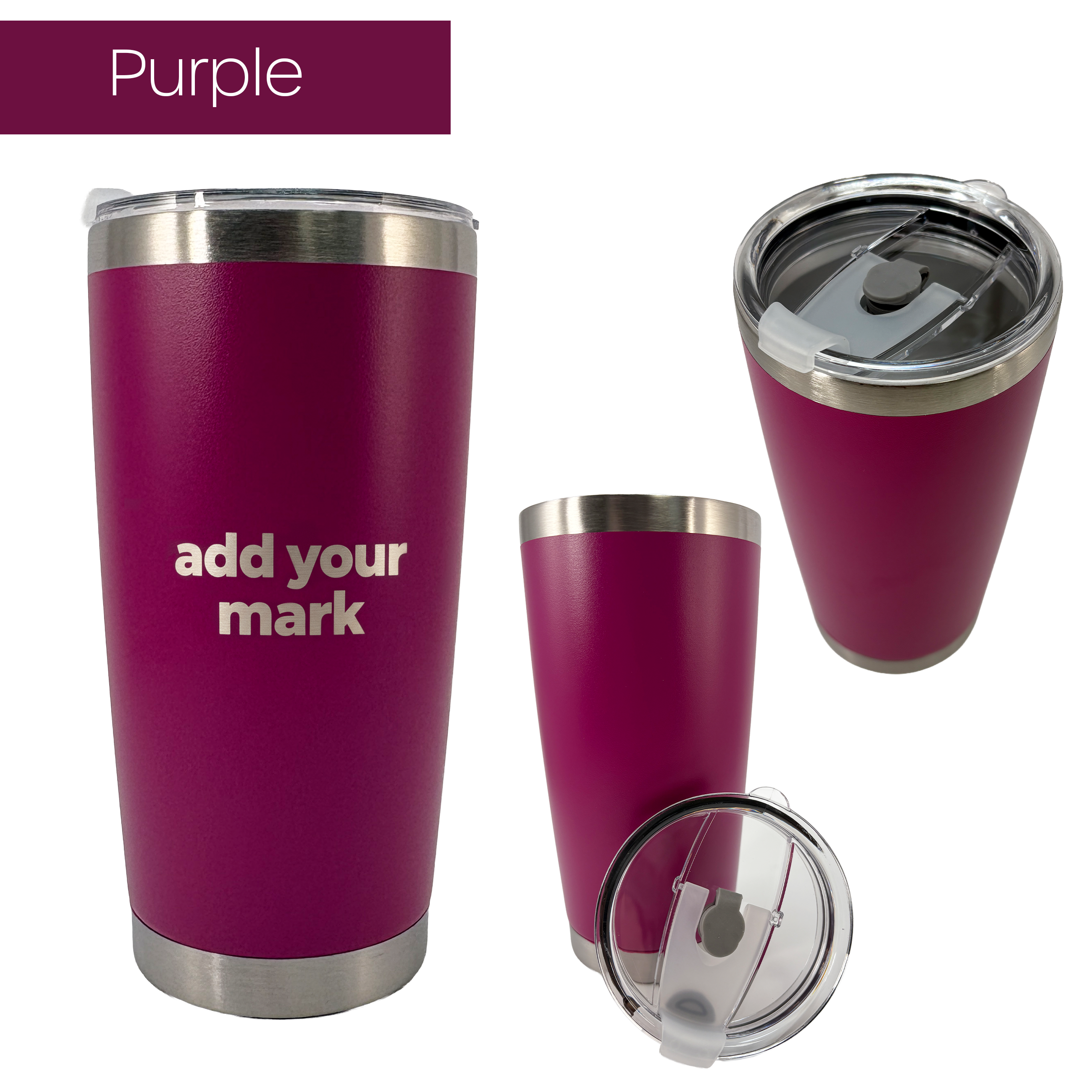 Purple insulated tumbler from 3 different angles on a white background