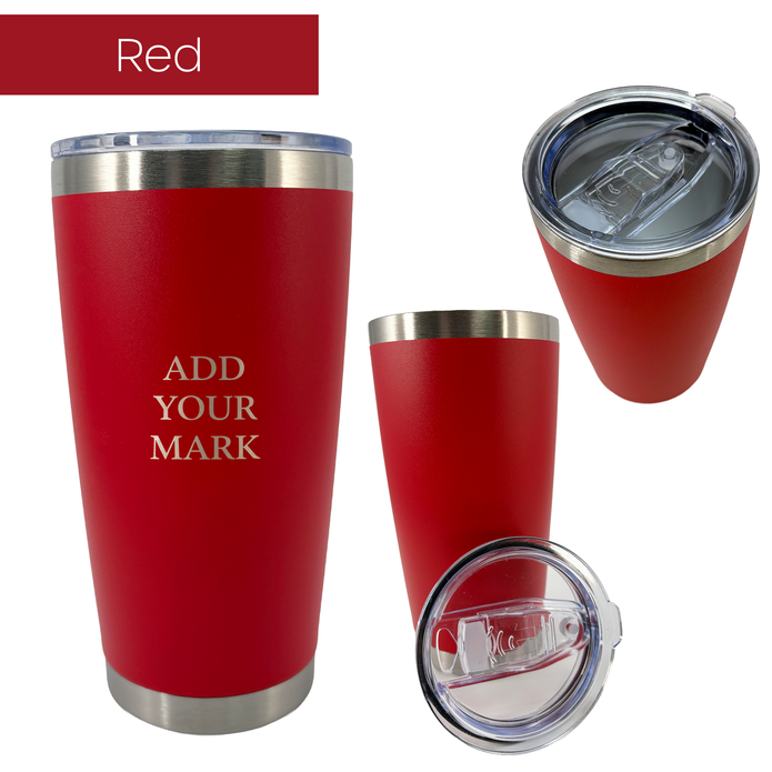 Red insulated tumbler from 3 different angles on a white background