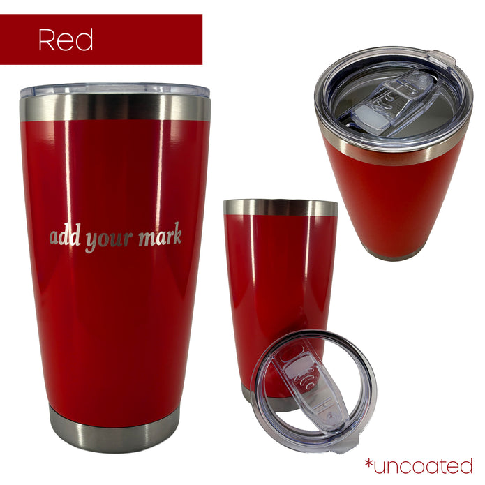 Red insulated tumbler from 3 different angles featuring 'add your mark' text.