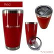 Red insulated tumbler from 3 different angles featuring 'add your mark' text.