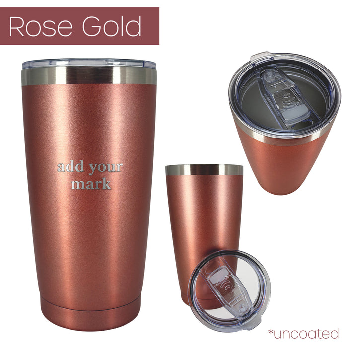 Rose gold insulated tumbler from 3 different angles on a white background