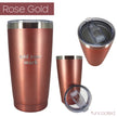 Rose gold insulated tumbler from 3 different angles on a white background