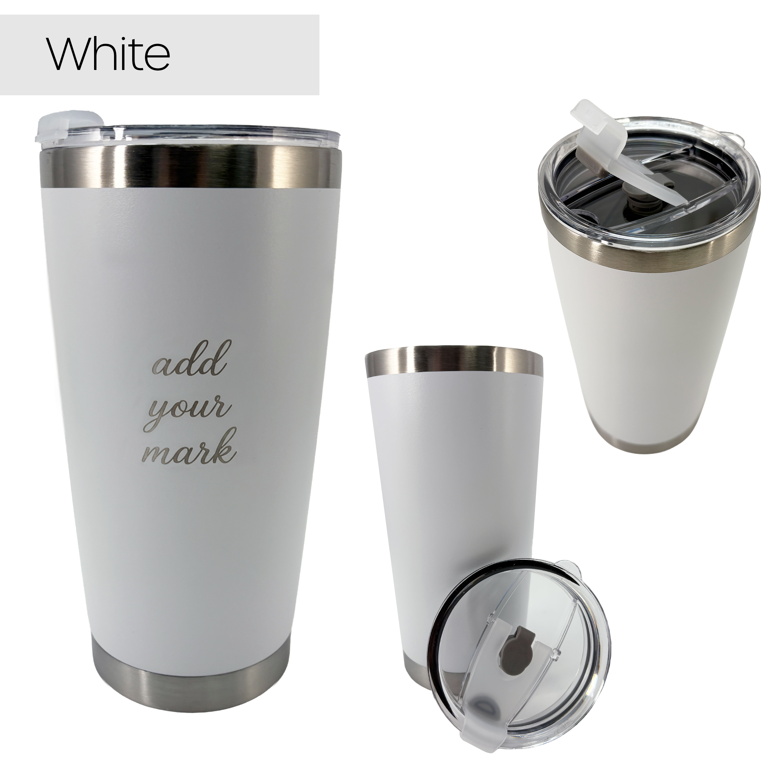 White insulated tumbler from 3 different angles on a white background