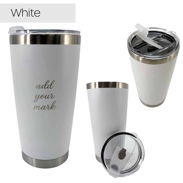White insulated tumbler from 3 different angles on a white background