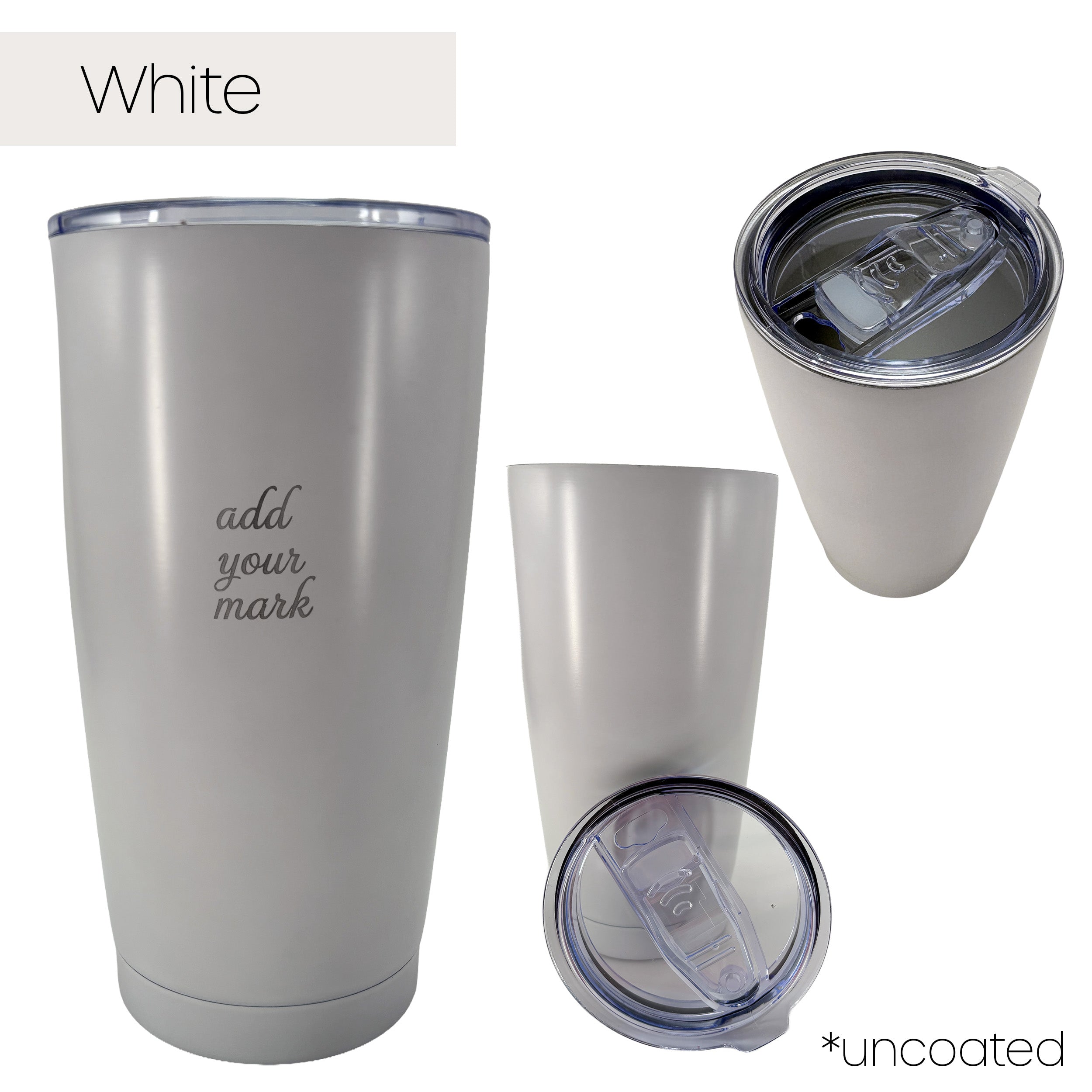 White insulated tumbler from 3 different angles on a white background