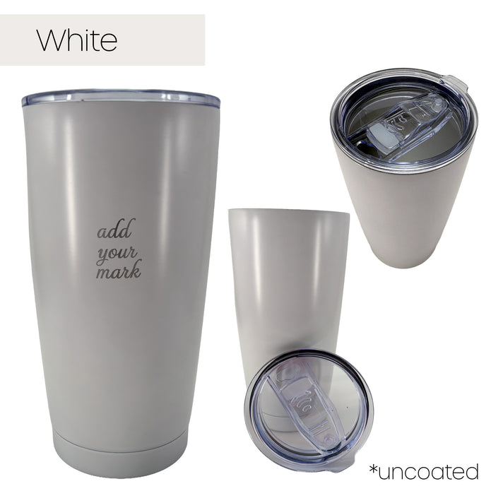 White insulated tumbler from 3 different angles on a white background
