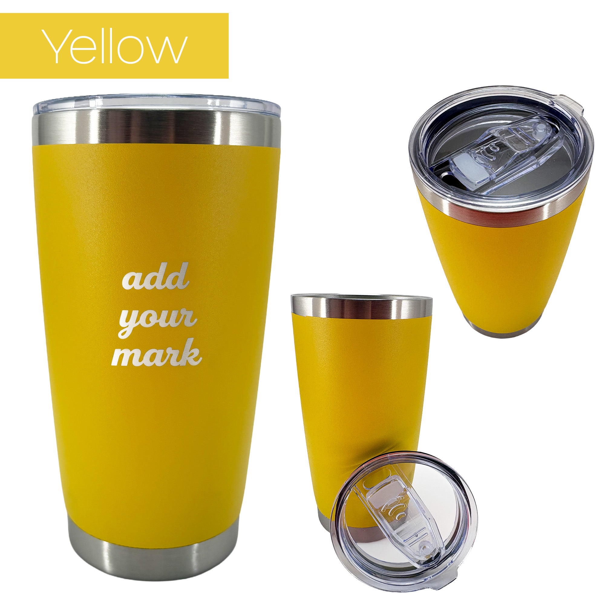 Yellow insulated tumbler from 3 different angles on a white background