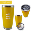 Yellow insulated tumbler from 3 different angles on a white background
