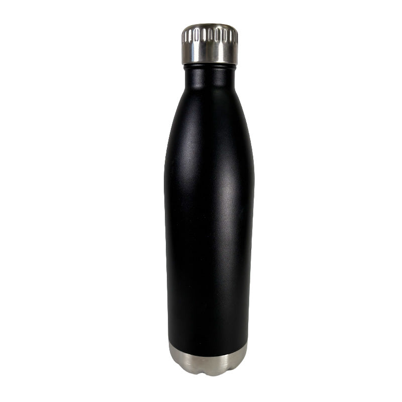 Black insulated bottle with silver cap on a white background