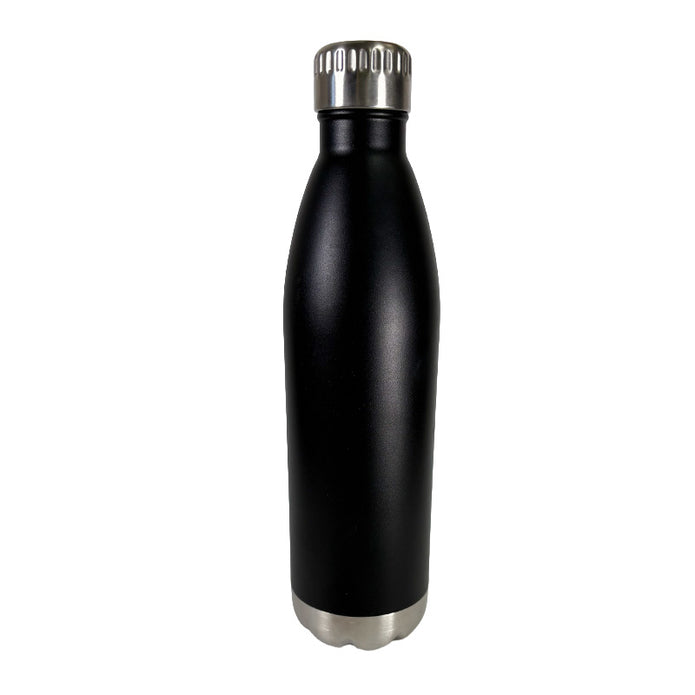 Black insulated bottle with silver cap on a white background