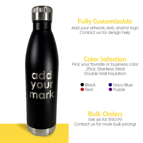 Black stainless steel water bottle with customizable options on a white background