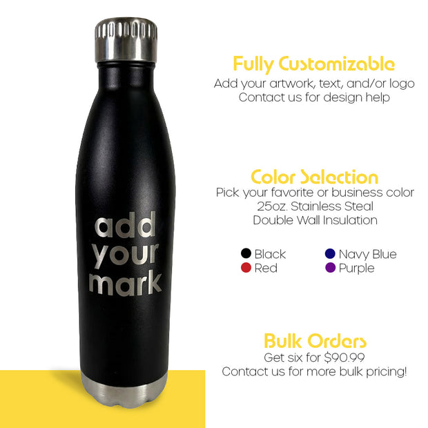 Black stainless steel water bottle with customizable options on a white background