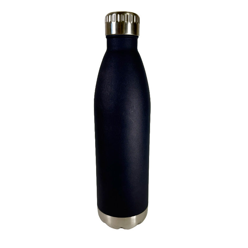 Navy blue water bottle with silver cap on a white background