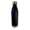 Navy blue water bottle with silver cap on a white background