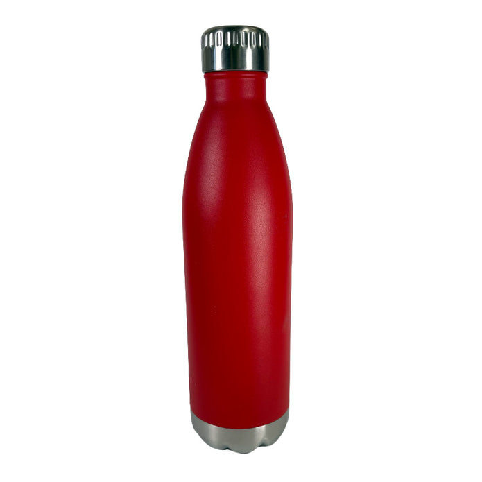 Red insulated bottle with silver cap on a white background