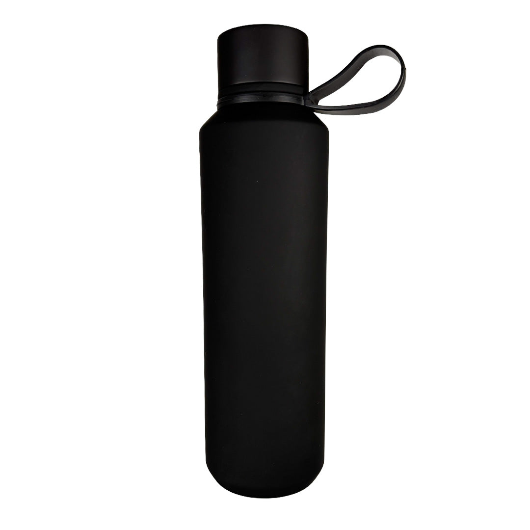 Black water bottle with a black lid on a white background