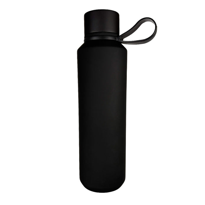 Black water bottle with a black lid on a white background