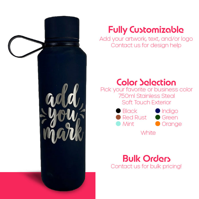 Black water bottle with customizable text and color options on a white background