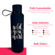 Black water bottle with customizable text and color options on a white background
