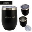 Black insulated tumblers with silver lids on a white background