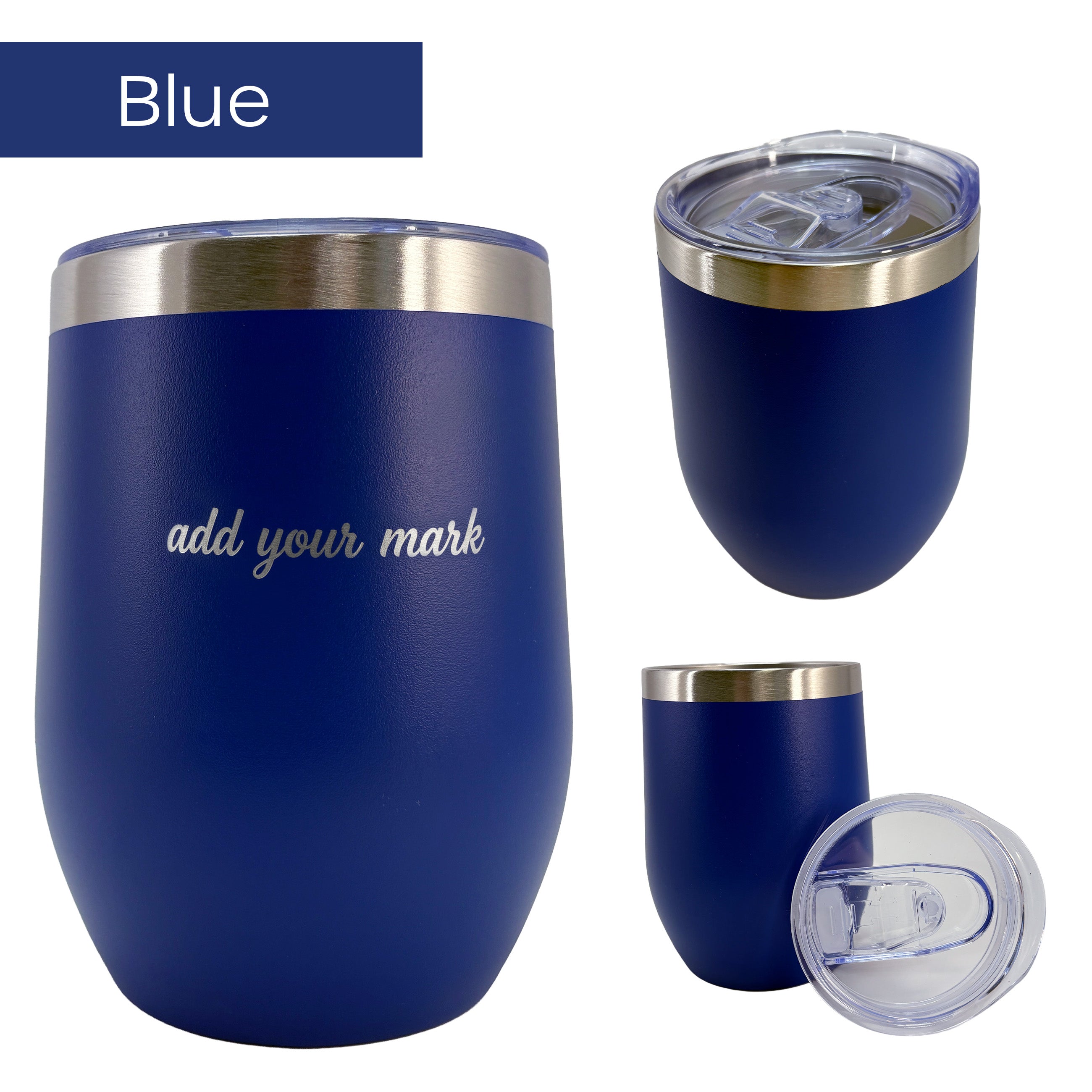 Blue insulated tumbler with silver lid on a white background