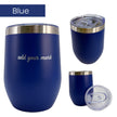 Blue insulated tumbler with silver lid on a white background