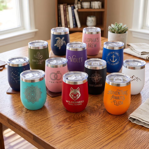 Collection of personalized wine tumblers on a wooden table with a homey background.