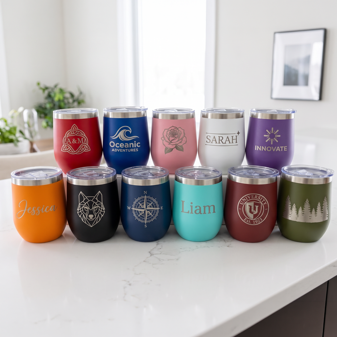 Collection of personalized insulated tumblers on a white surface with a neutral background.