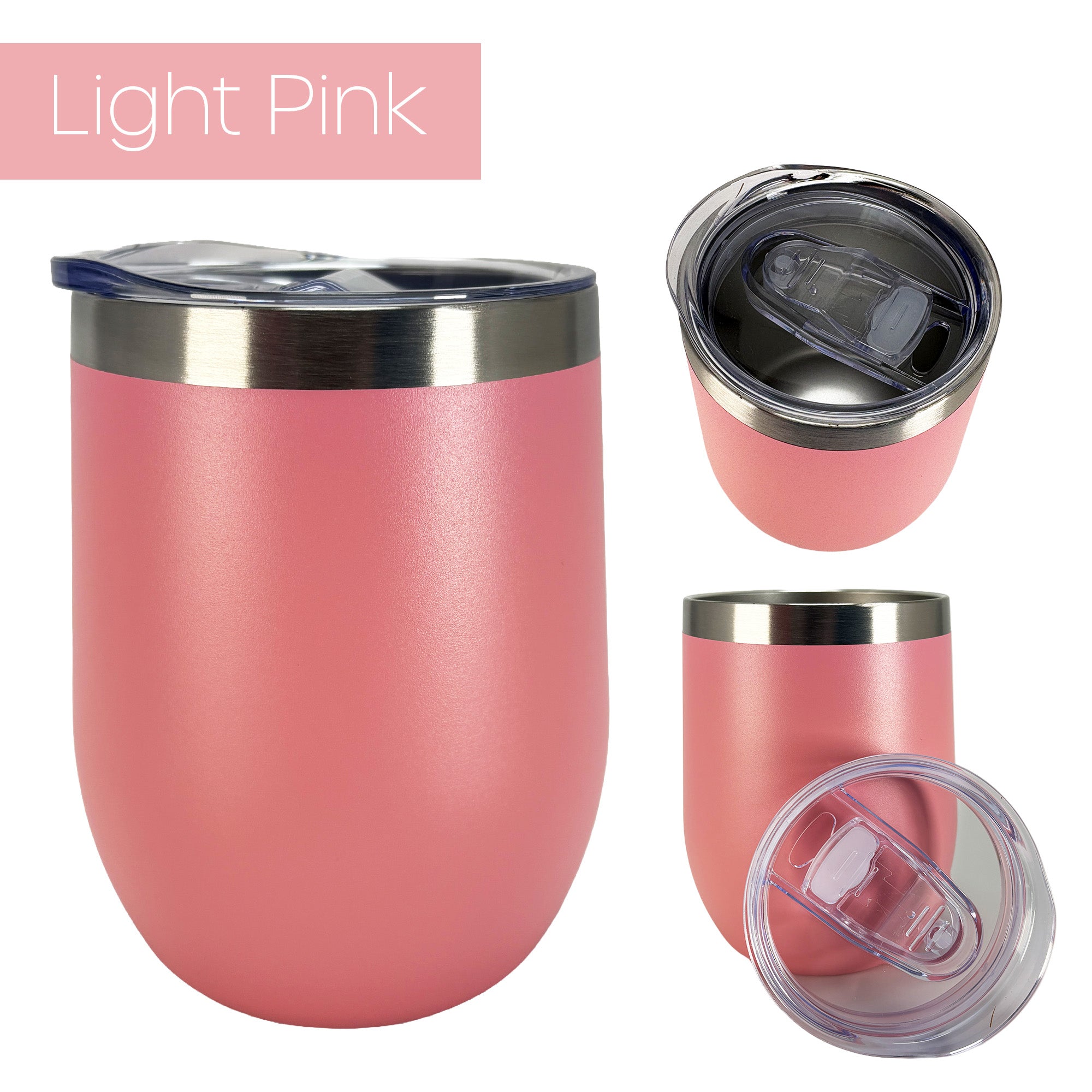 Light pink insulated wine tumbler from 3 different angles on a white background