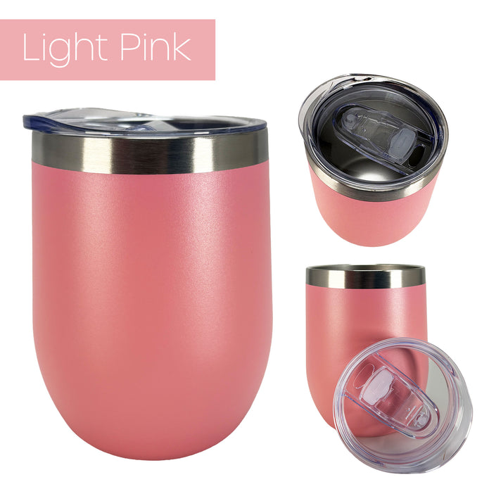 Light pink insulated wine tumbler from 3 different angles on a white background