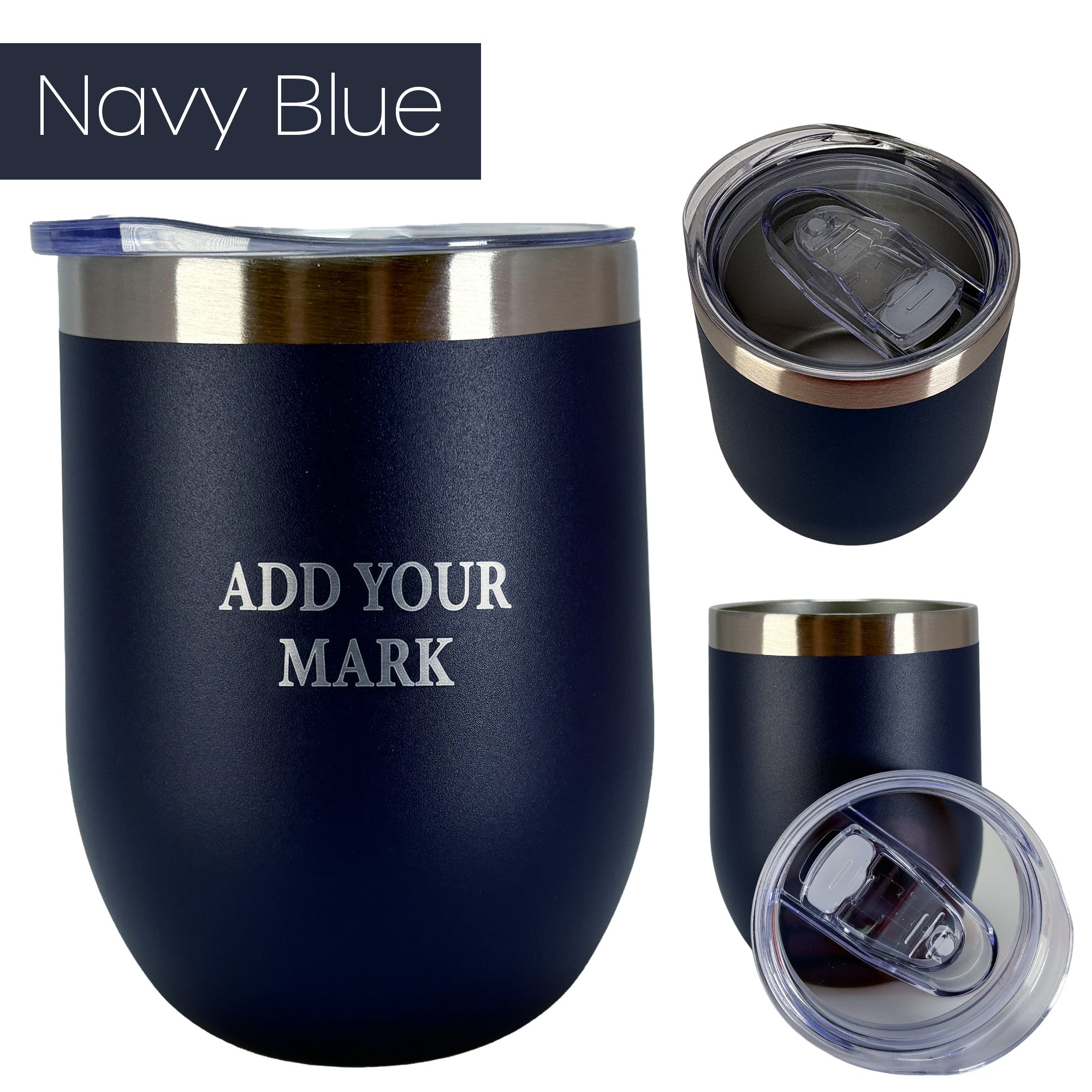 Navy blue insulated wine tumbler from 3 different angles on a white background